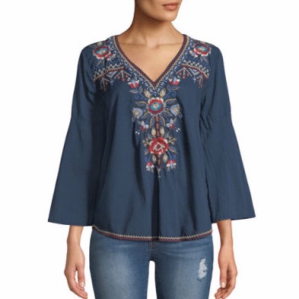 Johnny Was Bohdi Swing Floral Blue Boho Blouse XS